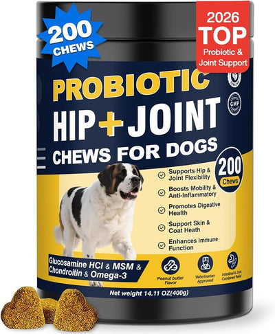 Hip and Joint Supplement for Dogs Probiotics Glucosamine Chondroitin MSM Chew for Dog Arthritis Pain Relief Extend Joint Care, Probiotic for Digestive/Gut Health for Large/Small/Senior - Peanut Butter