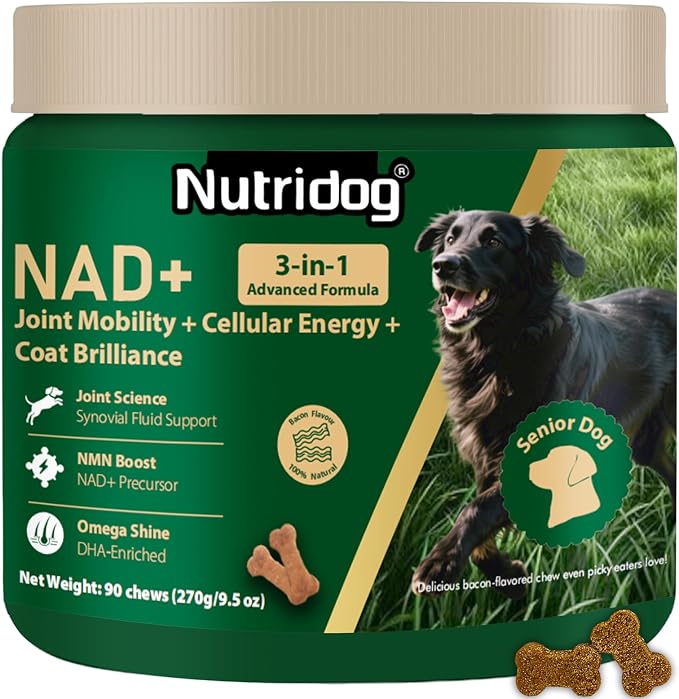 NMN Supplement for Dogs NAD+ Booster - Anti-Aging & Longevity Soft Chews for Senior Dogs with Resveratrol, CoQ10, Glucosamine & Omega-3-3-in-1 Cellular Energy, Joint & Skin Support
