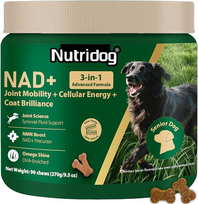 NMN Supplement for Dogs NAD+ Booster - Anti-Aging & Longevity Soft Chews for Senior Dogs with Resveratrol, CoQ10, Glucosamine & Omega-3-3-in-1 Cellular Energy, Joint & Skin Support