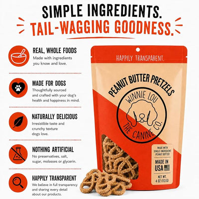 Winnie Lou Organic Dog Treats – Natural Dog Biscuits, USA Made, Organic Ingredients, Clean, Sensative Stomach, All Breed Sizes, High Protein, Hypoallergenic, Peanut Butter Pretzels (Pack of 2)