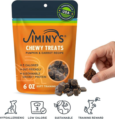 Jiminy's Chewy Cricket Training Treats for Dogs, Low Calorie, Hypoallergenic, Made in USA, 6oz, Pumpkin & Carrot (Pack of 1)