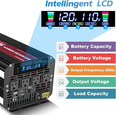 LVYUAN 5000 Watt Power Inverter 12V to 110V 120V with 4 AC Outlets, LCD Display, Wireless Remote Control for Vehicle, Solar System, Heavy Duty, RV, Truck, Off Grid, Camping