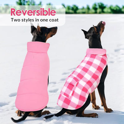 ASENKU Dog Winter Coat, Fleece Doggie Jacket Plaid Reversible Vest Waterproof Windproof Cold Weather Clothes for Small Medium Large Dogs (M, Pink)