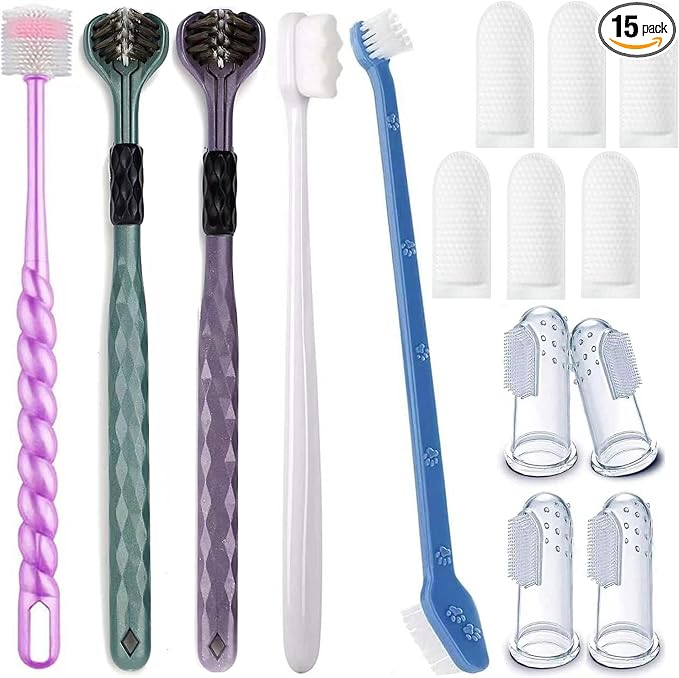 15-Pack Dog Toothbrush Kit, Triple Head & Double Head Dog Toothbrush, 360 Finger SiliconeToothbrush, Multi-Angle Dental Cleaning Brushes for Cat Oral Health (White)