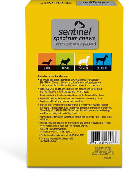 SENTINEL SPECTRUM Chews for Dogs, 25.1-50 lbs, 6 Chews, 6-Month Supply, Yellow Box
