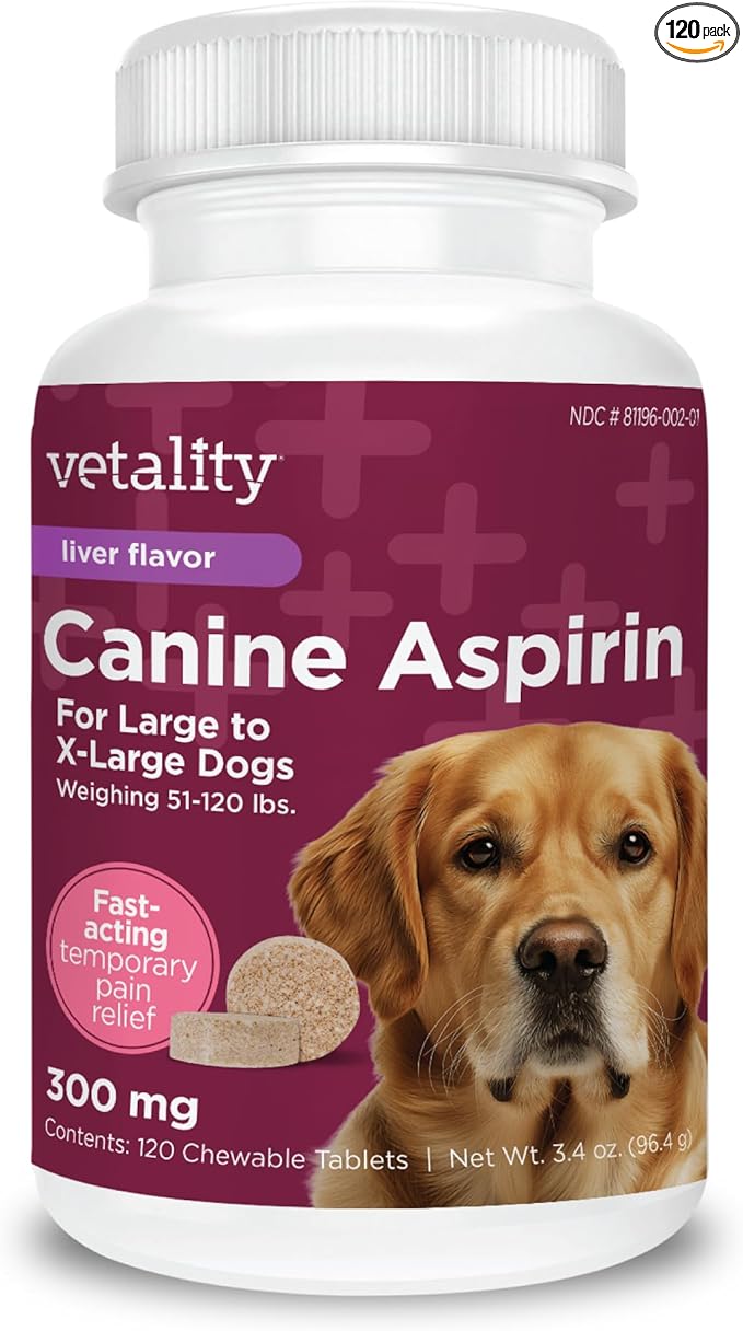 Vetality Canine Aspirin for Dogs | Fast Pain Relief | Large to X-Large Dogs | Liver Flavor | 120 Chewable Tablets
