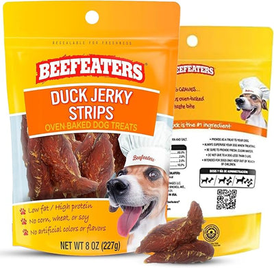 Beefeaters Duck Jerky Strips for Dogs 8oz, Oven-Baked High Protein Dog Treats Duck Jerky - Low Fat Grain-Free Dog Snacks - No Corn Wheat or Soy - Chewy Dog Jerky Treats for Training and Rewards