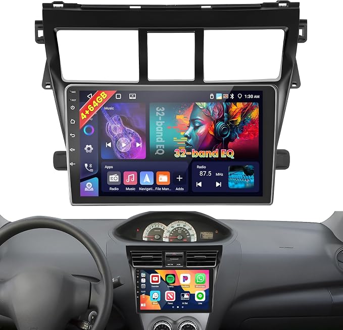 5Ghz WiFi [4G+64G] Android 15 Car Radio for Toyota Yaris Vios 2007-2013 Car Stereo with Wireless Carplay/Android Auto, 9 Inch HD Touch Screen with GPS Bluetooth FM/RDS EQ SWC Backup Camera MIC