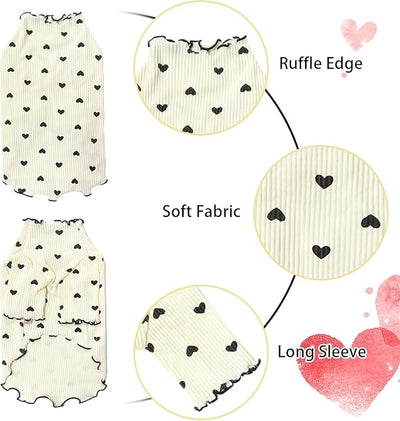 Pet Clothes for Small Dogs Cat Summer Fall Heart Print Shirt Stretchable Ruffle Long Sleeve Outfits for Chihuahua Schnauzer Shih Tzu Yorkie (Beige, X-Small)