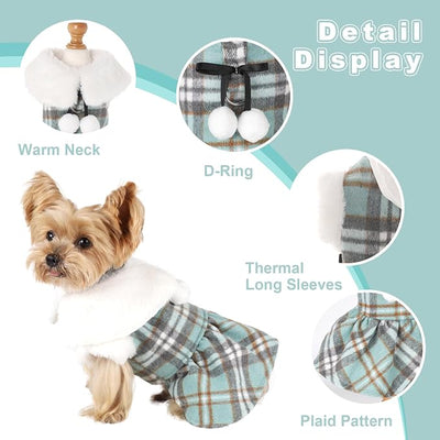 Dog Sweater with Leash Set Plaid Fleece Dog Clothes for Small Dogs Girl Boy Winter Pet Dress Cold Weather Coat Fall Sweater for Chihuahua Yorkie Cat Puppy Costumes (Turquoise, XX-Small)