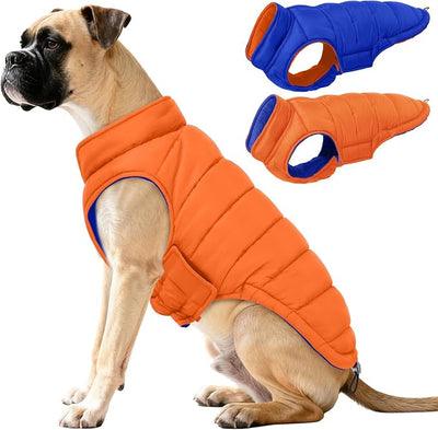 QBLEEV Reversible Dog Winter Coat, Waterproof Windproof Warm Jacket with Adjustable Hook & Loop Design, Lightweight Puffer Vest for Medium Dogs, Orange, M – Fits Pug, Beagle, Corgi