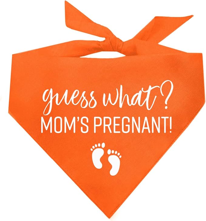 Guess What? Mom's Pregnant Dog Bandana | 100% Cotton Adjustable Triangle | Made in USA | New Baby | Pregnancy Announcement Photoshoot Prop | Gender Reveal | Orange X-Small (216)