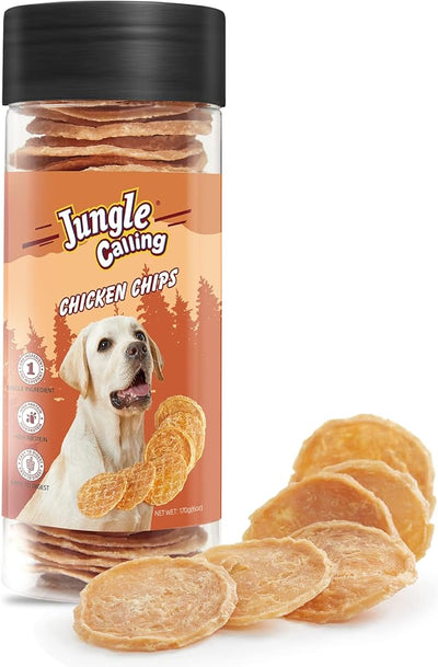 Jungle Calling 32 Count Dog Treats, Single Ingredient Chicken Chips, Crunchy Jerky Chip Training Treat for Small Medium Large Breed Dogs