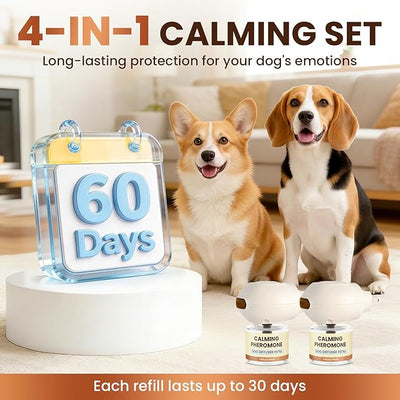 Dog Pheromones Calming Diffuser to Calm Dogs 4 IN 1 Kit (2 Diffusers+2 Refills) Pheromone Plug In for Stress Barking Pee Accidents Chewing Aggression Separation Anxiety Relief 60 Days(Odorless)