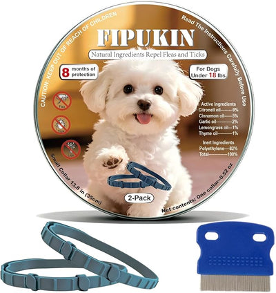 Flea and Tick Collar for Small Dogs, 2‑Pack | 8‑Month Waterproof Protection with Natural Essential Oils | Includes Comb