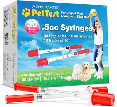 PetTest U-40 Pet Insulin Syringes 0.5CC 30G, 1/2 inch Long Needles, Comfortable Thin 30 Gauge, For Larger Dogs Tough Skin, Pets Diabetic Supplies,100 Pack