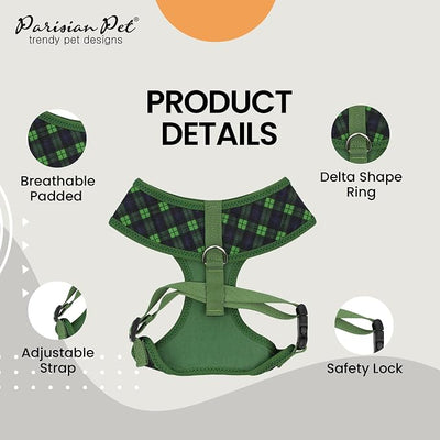 Parisian Pet Green Plaid Dog Harness - Breathable No Pull Puppy Harness with Leash Ring - Adjustable Harnesses for Dogs - Soft Padded Step-in Pet Vest - Lightweight Dog Vests for Large Dogs