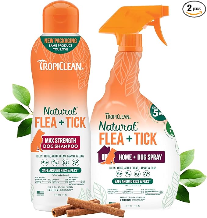 TropiClean Natural Flea & Tick Max Strength Shampoo & Bedding Spray Bundle, Dog Shampoo, Flea & Tick Treatment Protects & Repels - Made in USA