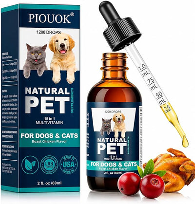 Dog & Cat Multivitamin, 15 in 1 Cat Vitamins with Glucosamine Cranberry, Pet Vitamins and Supplements Helps for Joints, Coat Shining, Immune System, Dog Liquid Multivitamin Promotes Appetite(60ml)