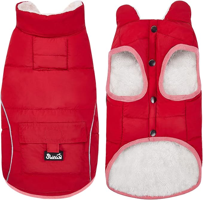 SlowTon Dog Coat - Warm Dog Winter Coat Waterproof, Reflective Winter Jacket with Pocket, Puppy Fleece Vest Pet Apparel Cold Weather Clothes for Small Medium Large Dogs Boy Girl (Red, S)