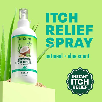 TropiClean Medicated Itch Relief Deodorizing Spray, Oatmeal & Aloe Scented, Dog Perfume with Soothing Aloe, 12oz