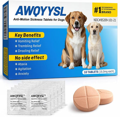 Travel Anti-Motion Car Sickness Tablets for Dogs, 10 Counts, 16mg