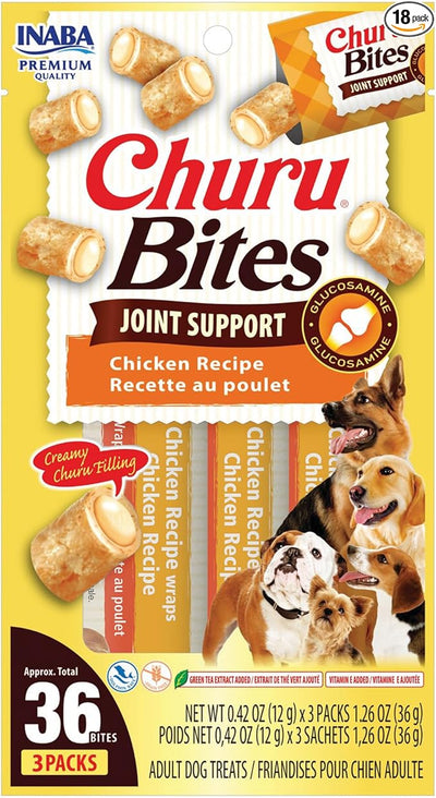 INABA Churu Bites Joint Support for Dog, Functional Lickable Dog Treat with Taurine & Green Tea Extract, 1.26oz Each, 18 Tubes Total, Chicken Recipe