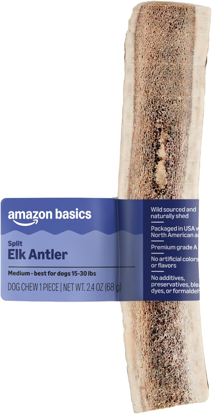 Amazon Basics Split Elk Antler, Naturally Shed, Long Lasting for Aggressive Chewers, Medium (Best for Dogs 15-30 lbs) (Previously Wag)