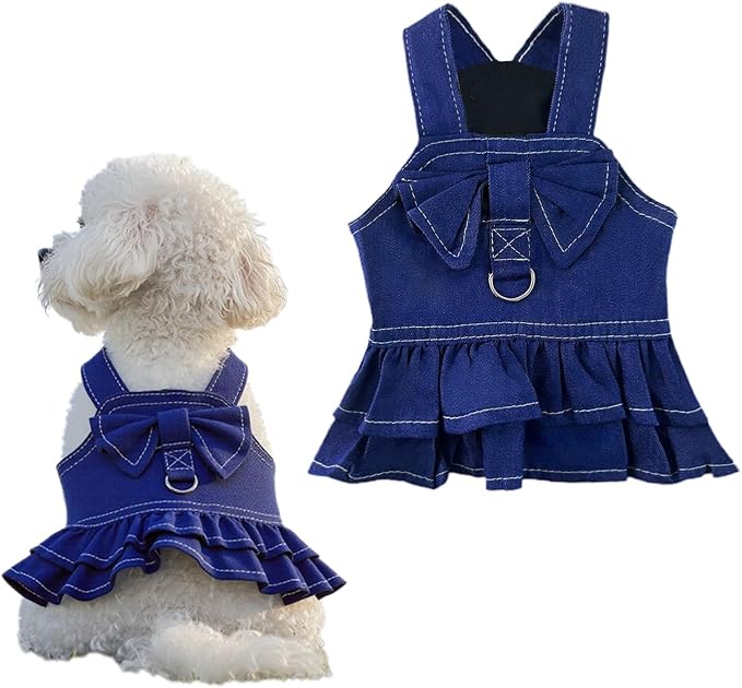 1 Pcs Cute Dog Dress Puppy Clothes with Bownot for Female Girl Small Dogs Outfits Harness for Outdoor Walking Birthday Party Denim Skirt XS