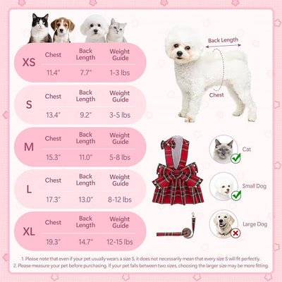 Coppthinktu Plaid Dog Dresses for Small Dogs Girl Bowknot Harness Leash Set, Cute Small Dog Dress Harness Cat Clothes Female with Pearl Bow Hair Clip, Summer Puppy Dress Yorkies Chihuahua Outfits
