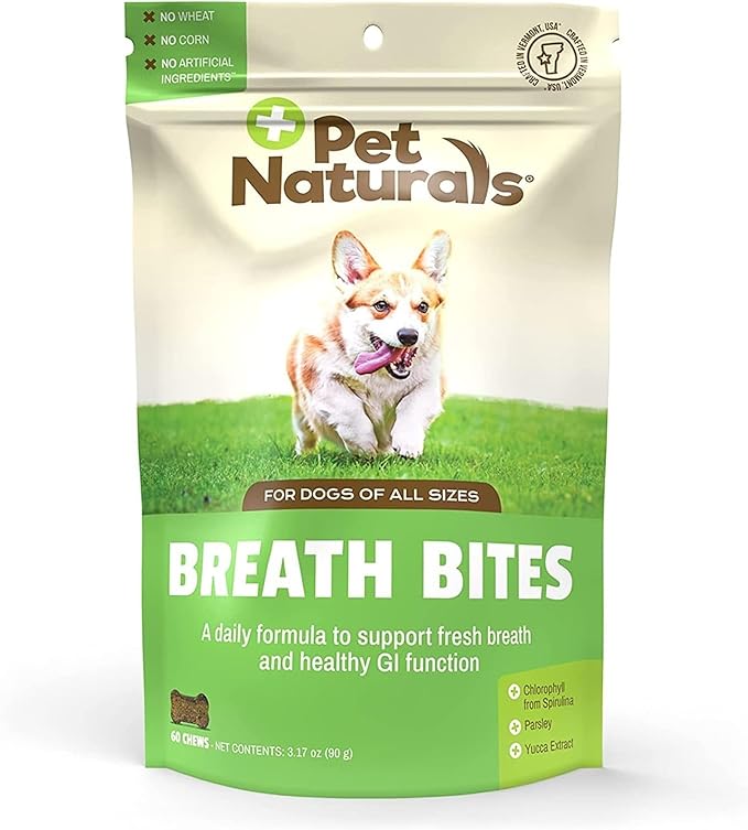 Pet Naturals Breath Bites for Dogs – Breath Freshener Chews, Spirulina, Parsley, and Mushroom Extract, Fights Bad Breath in Small to Large Dogs, Chicken Liver Flavor, 60 Count