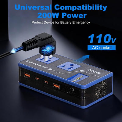 200W Car Power Inverter, Amcelooy Dual DC 12V to 110V AC Car Outlet Adapter to Wall Plug, Fast Charging 24W USB-C & USB Ports, Portable Charger Converter with for Laptops, Phones(Blue)