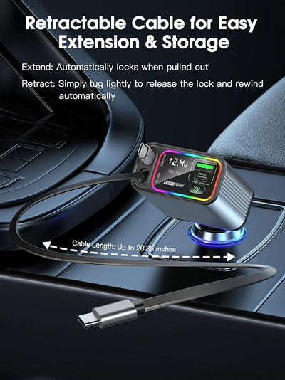 Dual Retractable Car Charger USB C, 145W Fast Charging Type C Car Charger with Retractable Cable, Compatible with iPhone 17/16/15/Air, Samsung S25/24/23/22, Pixel 9/8/7 - Grey
