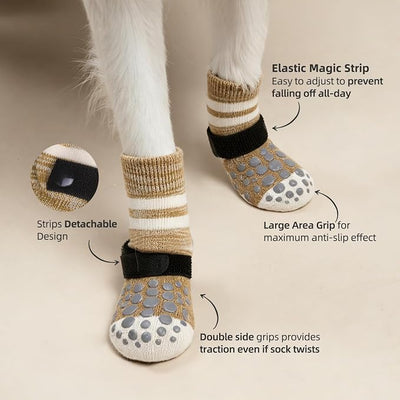 PUPTECK Anti-Slip Dog Socks with Double Sides for Small Medium Large Dogs Hardwood Floors Prevents Licking, Dog Shoes for Hot Pavement Traction Control Paw Protector for Senior Dogs, Striped Khaki M