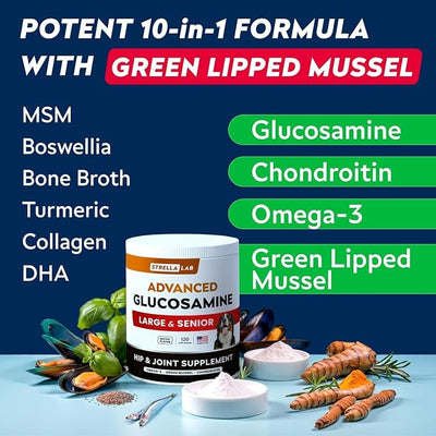 Advanced Glucosamine Hip & Joint Supplement for Senior Dogs - Green Lipped Mussel & Collagen - Hip & Joint Pain Relief - Large & Small Breed - Joint Health - Bacon - 240 Chews