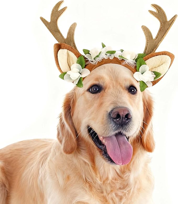 FLAdorepet Pet Cat Dog Elk Antler Deer Horn Headband Headwear Hat,Halloween Christmas Dog Reindeer Deer Costume Outfits for Small Medium Large Dogs Pet Hair Accessories Apparel Gifts