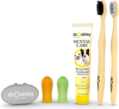 Dr. Oakley Dental Toothbrush Kit for Dogs & Cats, Chicken Flavor | Finger Brush for Small Pets, Soft Brushes for Large or Older Pets, Natural and Safe