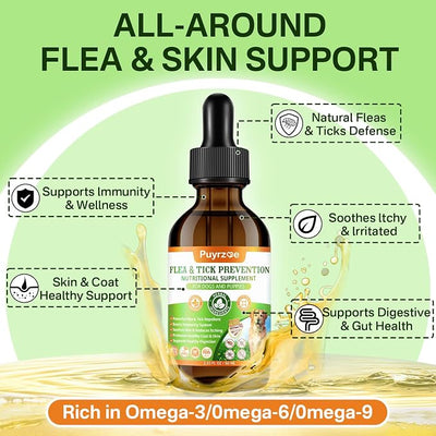 Puyrzoe Dog Flea Treatment Drops, Natural Oral Flea and Tick Prevention for Dogs with Pumpkin Seed, Echinacea, Omega-3/6/9- Support Immunity, Healthy Skin & Coat, Digestion & Overall Wellness