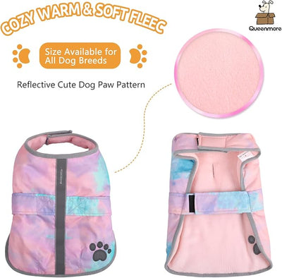 Queenmore Dog Winter Coat, Cold Weather Fleece Jacket for Dogs, Waterproof Reflective Reversible, for Small, Medium and Large Dogs (Tie-Dye, XS)