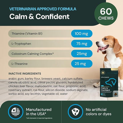 VetriScience Veterinary Strength Calm & Confident Chews - Stress Supplement for Pets - Supports Brain Function for Cats & Dogs - with L-Theanine, Thiamine & More - 60 Count