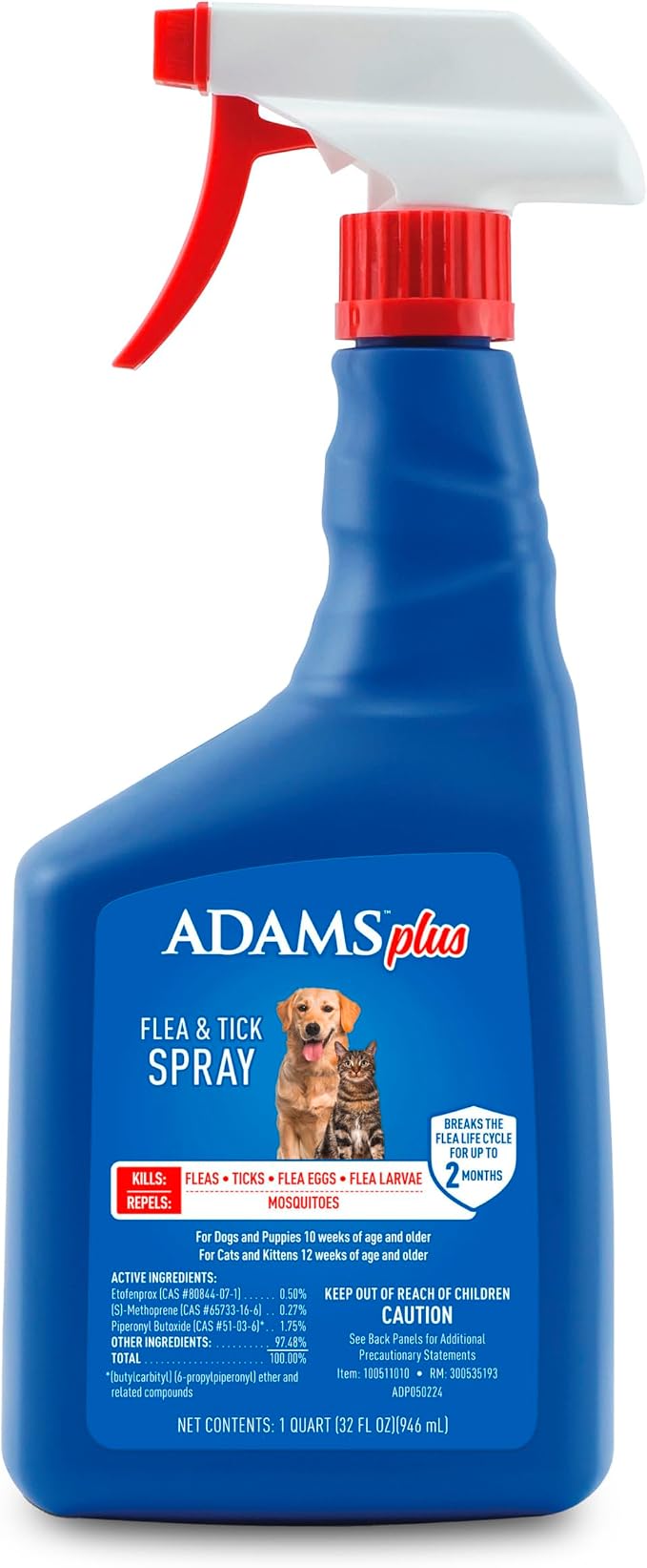 ADAMS Plus Flea and Tick Spray for Dogs & Cats, Kills Fleas and Ticks, Repels Mosquitoes, Prevents Infestations up to 2 Months, Treatment for Dogs, Cats, Puppies & Kittens, 32 Fl Oz