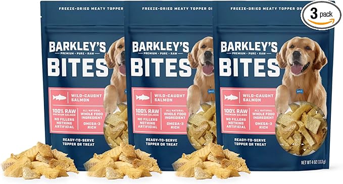 Barkley’s Bag Salmon Bites, Freeze Dried Dog Treats and Food Topper, Made with Wild-Caught Salmon, Bite-Sized Whole Pieces for Training Rewards, for All Dog Breeds, Ages & Sizes, 4 Oz Bag (3 Pack)