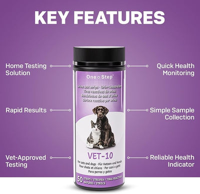 One Step Pet Urine Testing Strips, 50 x Urinalysis Parameter Tests for Dogs, Cats, Vets, Accurate Testing for Veterinarians, Detects UTI, Diabetes, Bladder, Kidney, Liver, SG, pH, Glucose