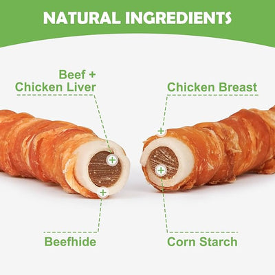 MON2SUN Dog Treats 5 Inch Chicken Wrapped Stuffed Rawhide Rolls with Beef and Chicken Liver, Rawhide Chews for Medium Dogs, 21.2 oz (12 Count)