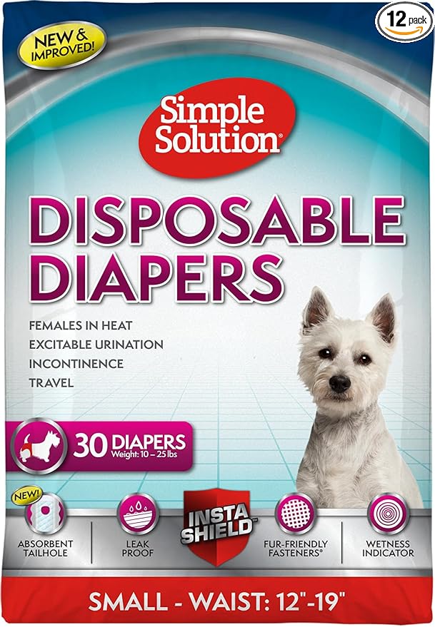 Simple Solution Female Dog Diapers – Disposable Diapers for Potty Training, Incontinence, and Heat Cycle Protection – Leak-Proof Fit for Small Dogs, 12–19 Inch Waist – 30 Count