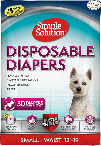 Simple Solution Female Dog Diapers – Disposable Diapers for Potty Training, Incontinence, and Heat Cycle Protection_Leak-Proof Fit for Small Dogs, 12–19 Inch Waist – 30 Count (Pack of 12)