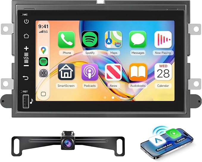 Podofo Car Radio for Ford F150 F250 F350 Fusion Taurus Edge Explorer Car Stereo with 7'' 1080P Touchscreen License Plate Backup Camera Wireless Carplay Android Auto Bluetooth WiFi 16EQ GPS FM/RDS