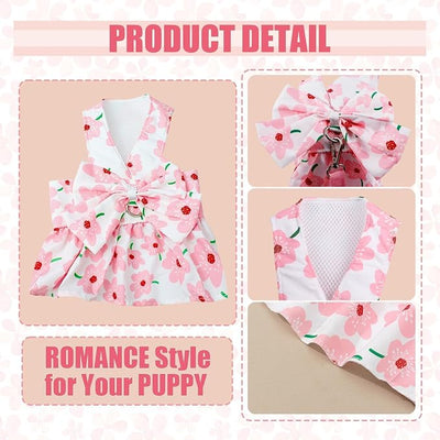 Dog Dress Bowknot Harness Leash Set for Small Girl Dogs Pink Floral Dog Cat Clothes Cute Puppy Outfits Pet Clothes Spring Summer Breathable Dresses(Medium)