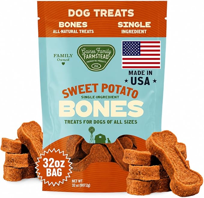 Gaines Family Farmstead Sweet Potato Dog Bones – 32 oz Bag, All-Natural, Single Ingredient, Grain-Free Dog Treats for Digestive Health, High Fiber - Training & Rewards, Made in USA