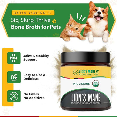 Organic Lions Mane Mushroom Powder for Dogs & Cats – Support Cognition – USDA Organic Fruiting Body Extract, 45 Servings in a Resealable Jar